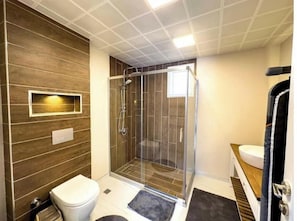 Hair dryer, towels, soap, toilet paper