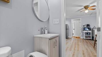 Hair dryer, towels, soap, shampoo