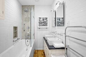 Hair dryer, towels, soap, toilet paper