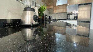 A modern kitchen with a stainless steel blender, a potted plant, and a sleek black countertop.