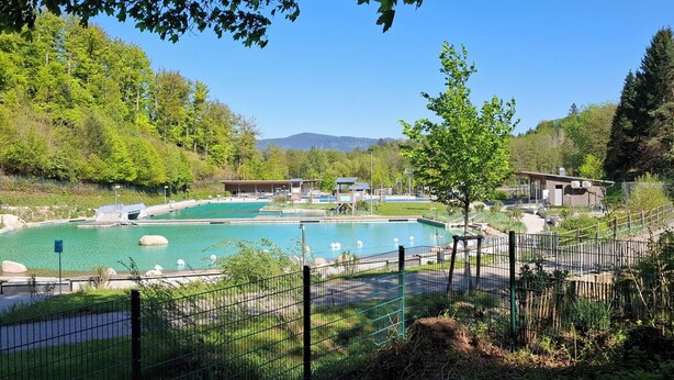 A pool area with multiple pools, surrounded by a fence, and buildings in the background. - Large vacation apartment with terrace at the entrance to the northern Black Forest. Quiet residential area (Gaggenau)