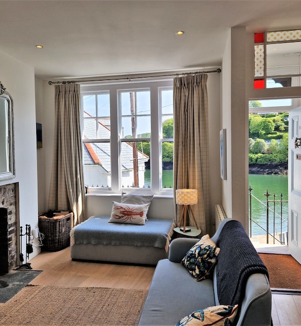 Smart TV, fireplace, books