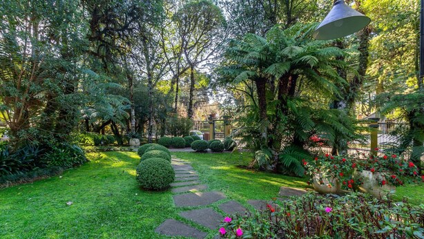 A well-maintained garden with a stone pathway, lush greenery, and a pergola.