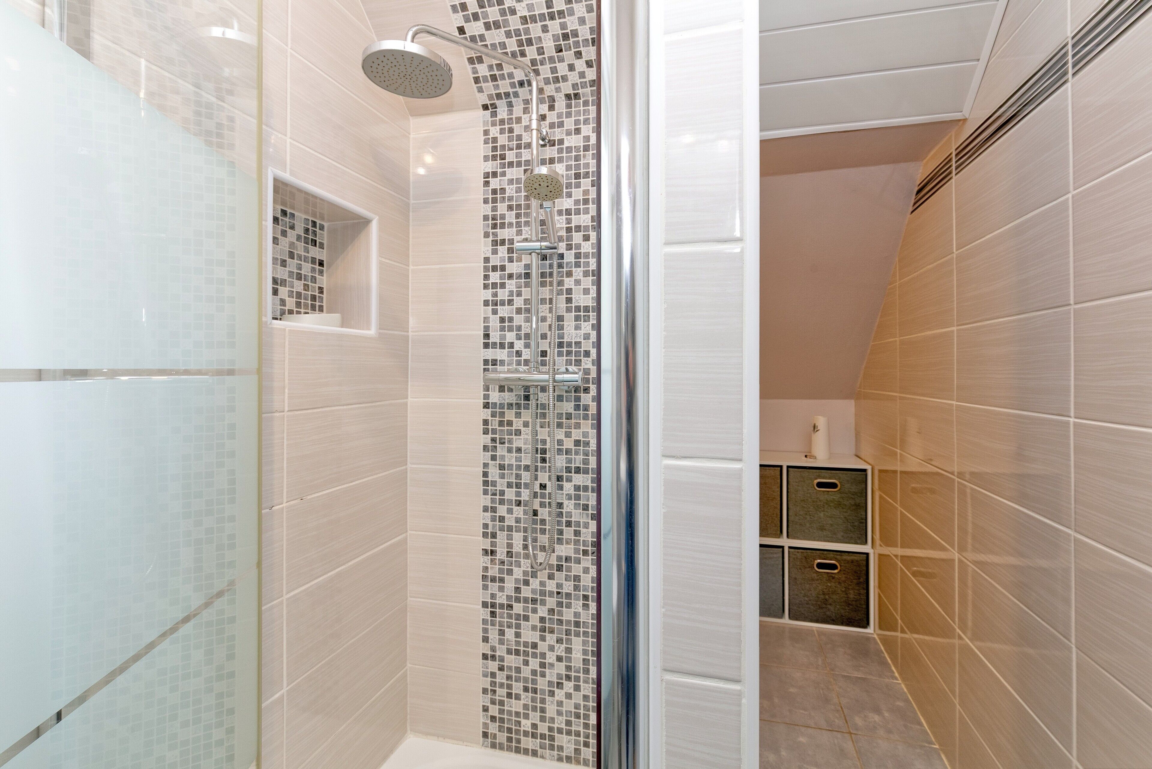Shower, hair dryer, towels