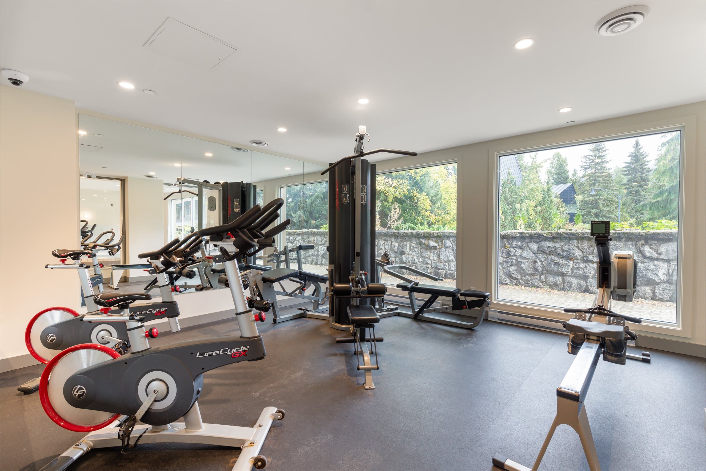 A gym with cardio machines, weightlifting equipment, and large windows offering a view of trees and a stone wall.