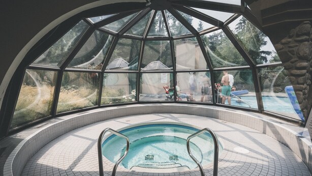 Une piscine entourée de parois en verre, une échelle de piscine en métal et un sol carrelé.