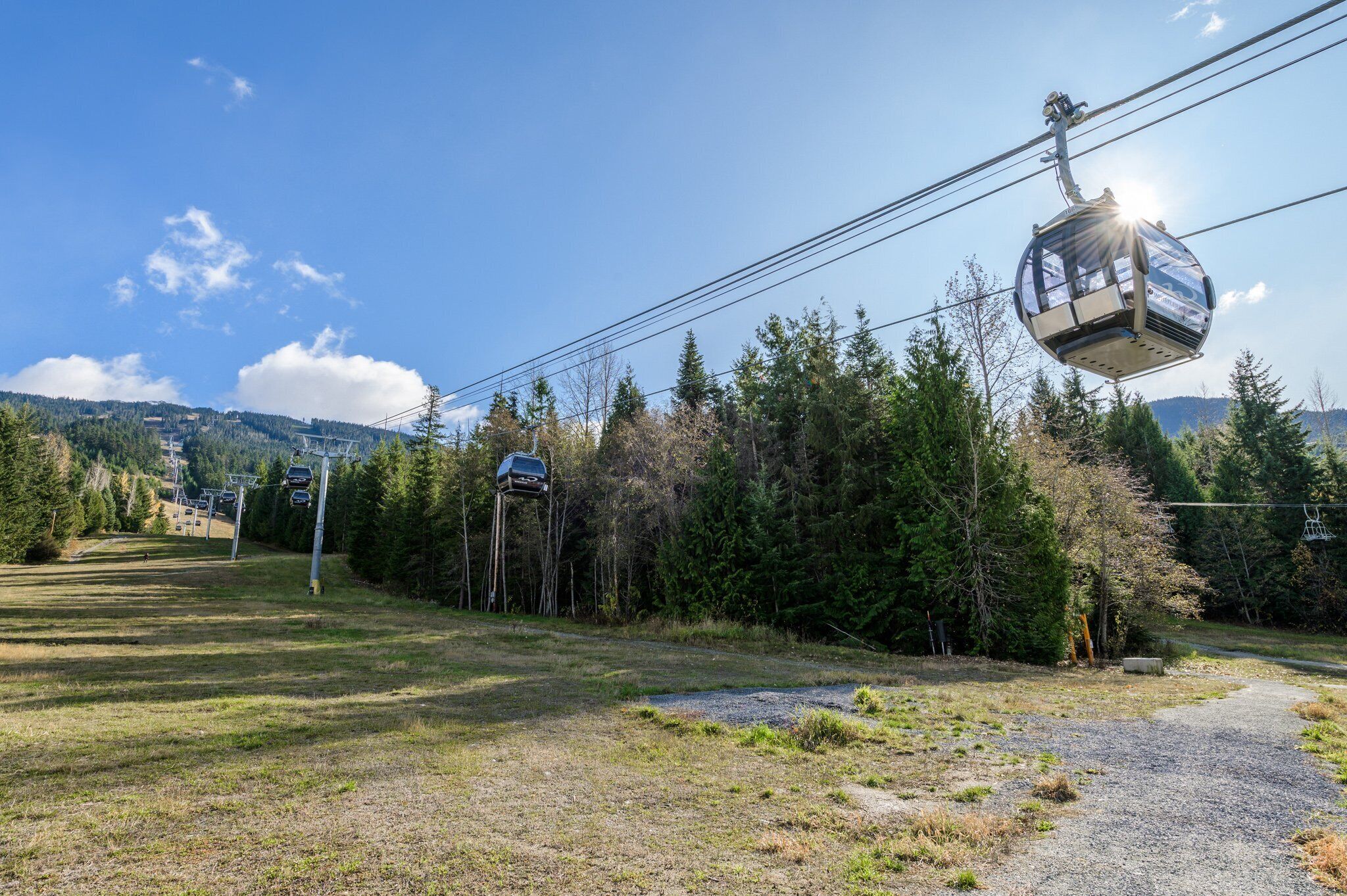 A cable car system, a grassy area, and a forested hillside.