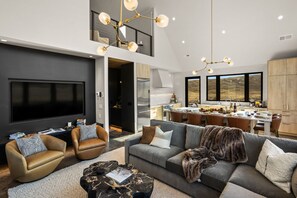 Smart TV, fireplace, books