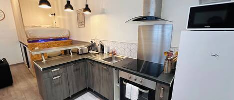 Fridge, microwave, oven, coffee/tea maker