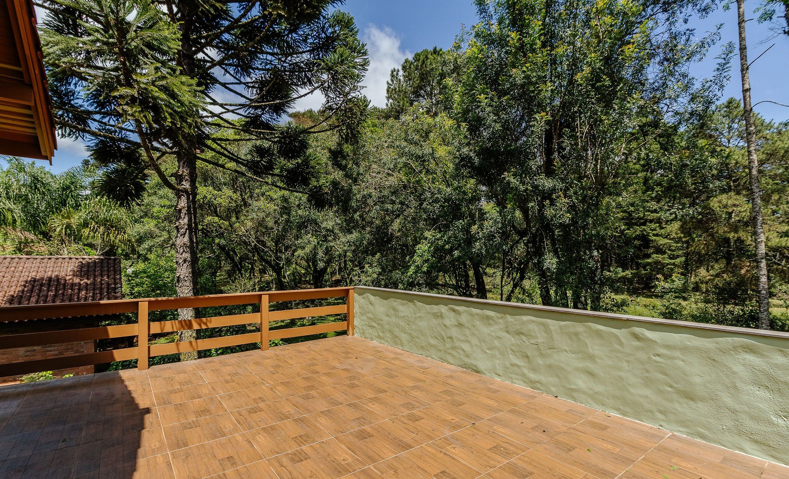 A wooden deck with a green wall and a view of dense trees.