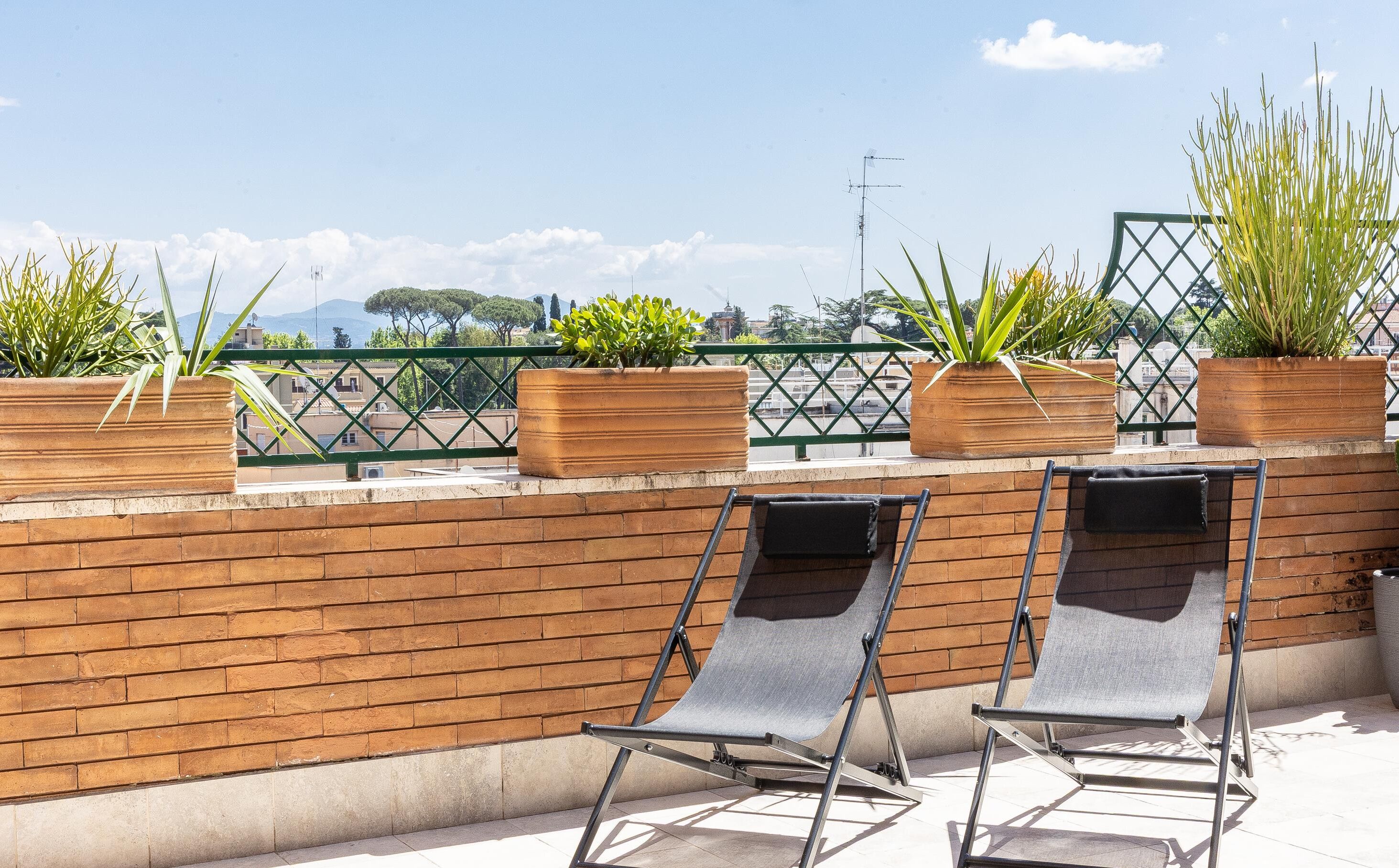 A rooftop terrace with three potted plants and two foldable chairs.