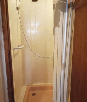 A shower with a handheld showerhead, a glass door, and a wooden floor.