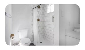 Dusche, Haartrockner, Handtücher, Seife