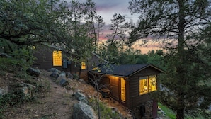 Un chalet rustique avec une façade en pierre, une terrasse en bois et une vue sur la forêt environnante.