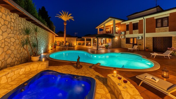 A swimming pool with a hot tub, lounge chairs, and a stone wall. - Villa Blondie in Castellammare del Golfo (Castellammare del Golfo)