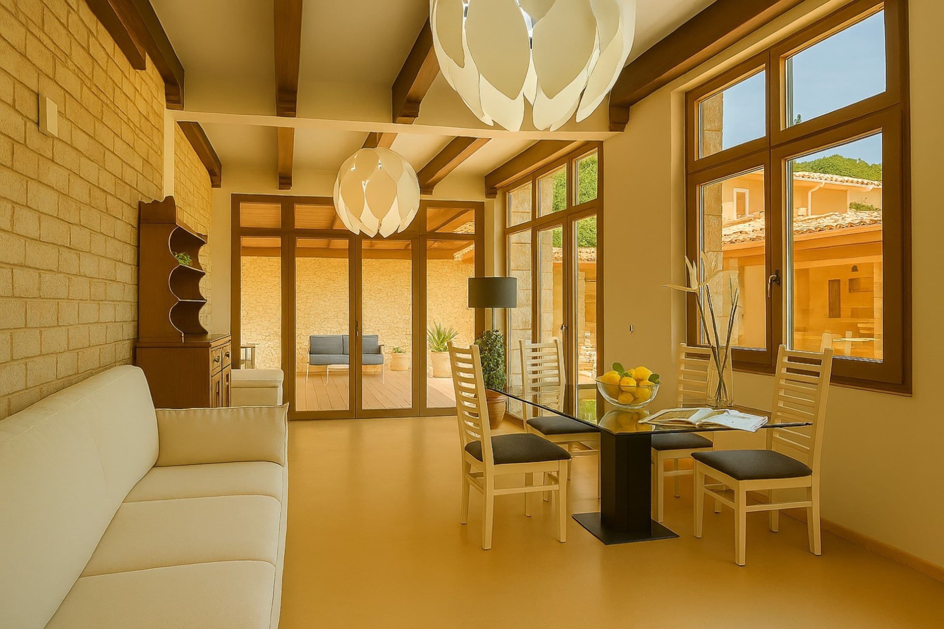 A modern living room with a white sofa, wooden dining table with chairs, a large window with a view of a building, and a unique ceiling light fixture.