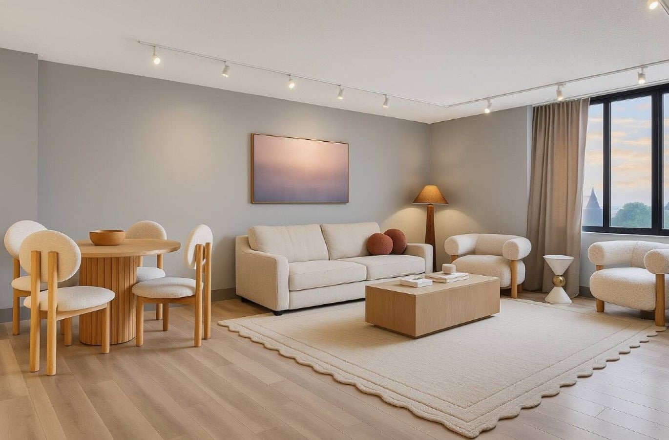 En moderne stue med sofa, stole, sofabord og lampe.