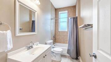 Hair dryer, towels, soap, shampoo