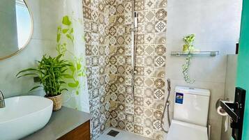 Shower, towels, soap, toilet paper