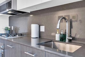 Fridge, microwave, oven, stovetop - The Sage Nook DT Gym River Walk (Calgary)