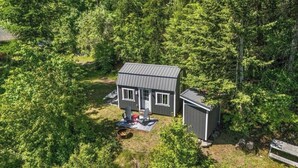 A small cabin with a metal roof, surrounded by dense forest.