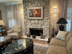 Smart TV, fireplace, DVD player, books