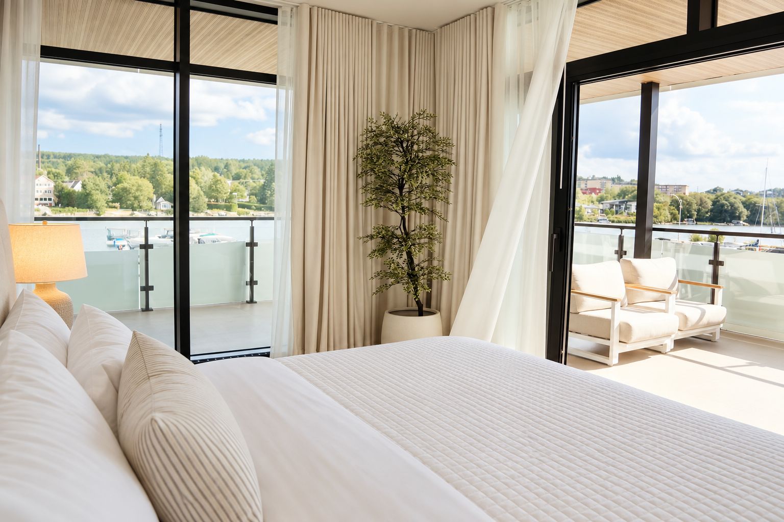 A hotel room with a large bed, a potted plant, a chair, and a balcony with a view of the city.