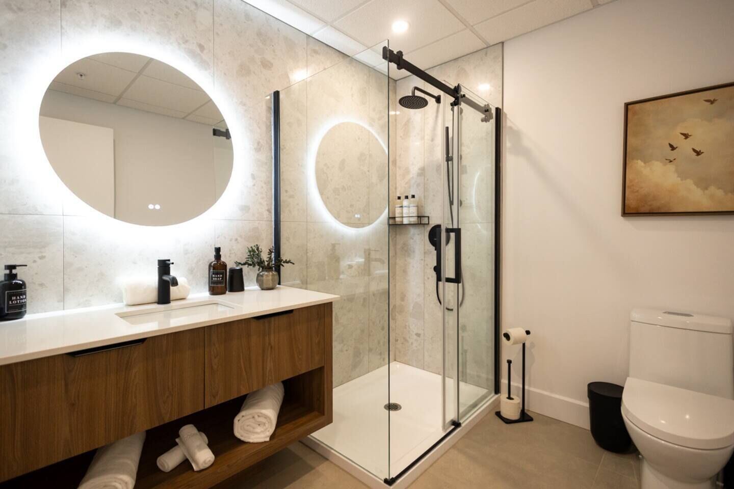 Ein modernes Badezimmer mit einer Duschkabine, einem Holzkosmetikschrank, einem großen Spiegel und einer Toilette.
