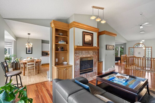 Télévision, cheminée, chaîne hi-fi