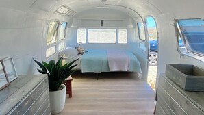 A narrow, elongated interior with a bed at the far end, a potted plant, and a small table.