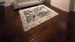 Una sala de estar con ventilador de techo, un sofá gris, un tapete estampado, una mesita y un cuadro en la pared.