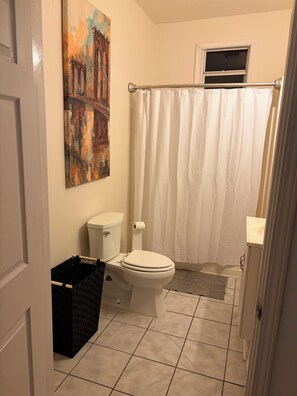 Hair dryer, towels, soap, toilet paper