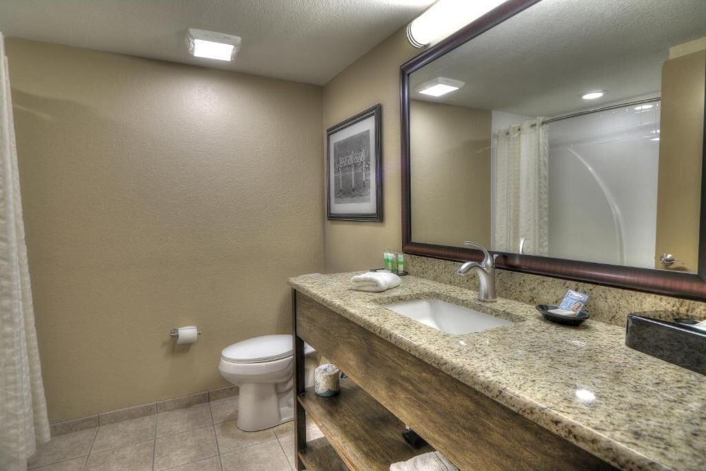 A bathroom with a toilet, sink, and mirror.