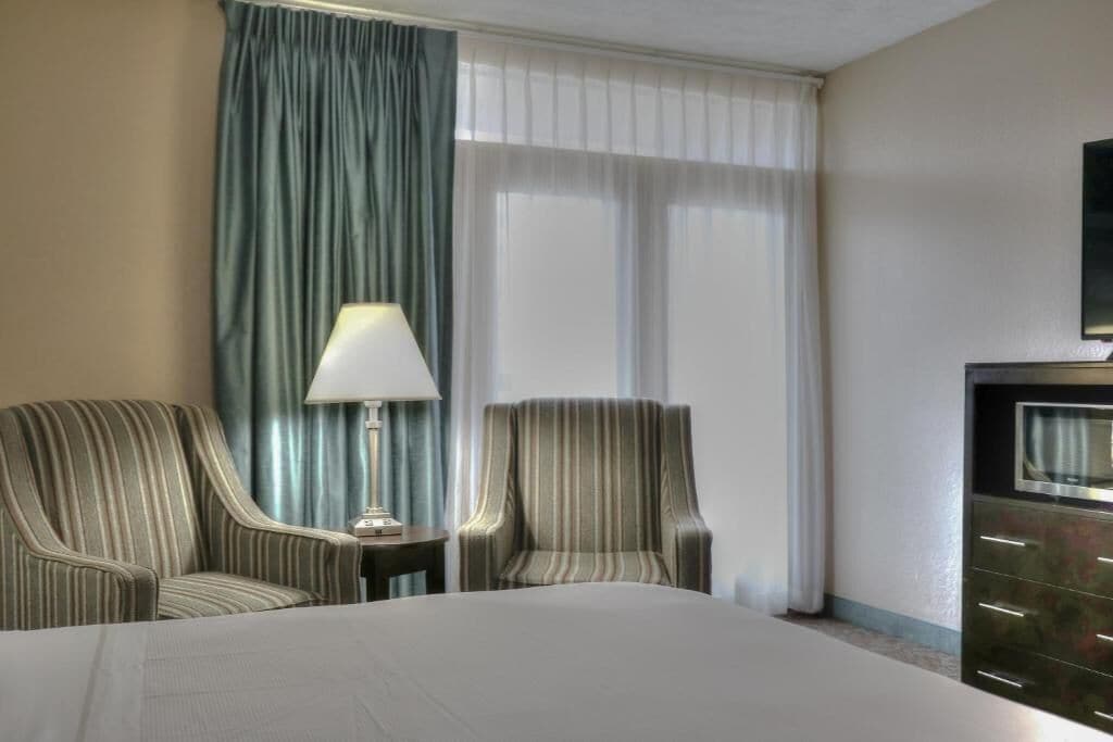 Habitación de hotel con cama, dos sillones a rayas, una mesita de noche con lámpara, televisor en la pared y un amplio ventanal con cortinas.