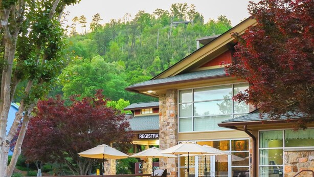 An outdoor dining area with tables and chairs, a stone building with a 'REGISTRAR' sign, and a forested hillside in the background.
