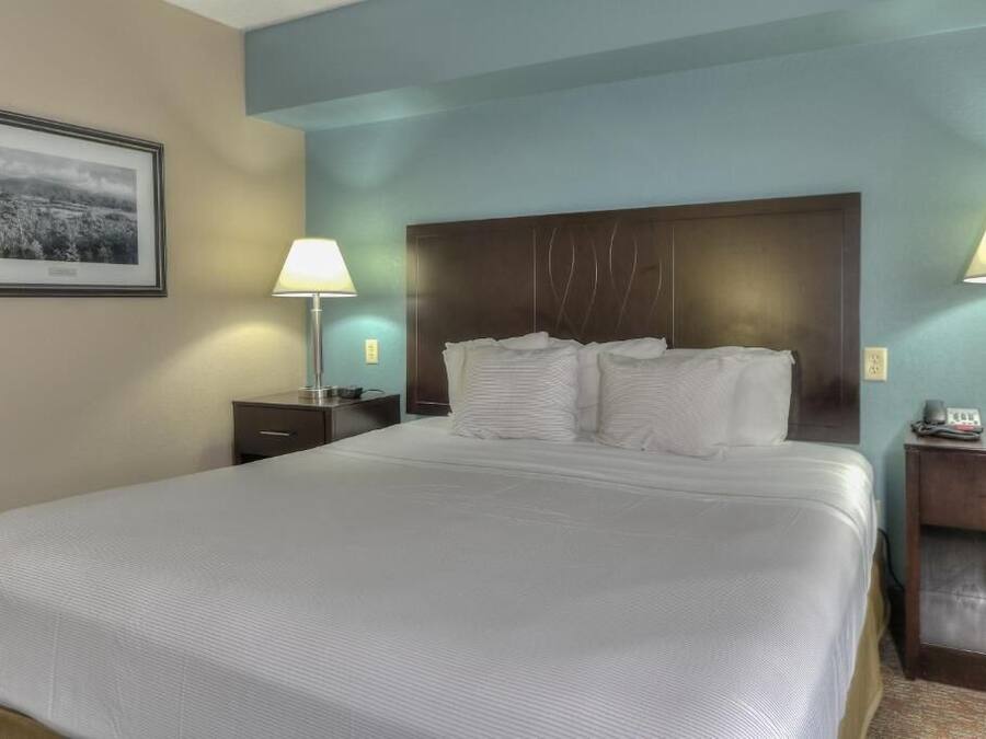 A hotel room with a large bed, two bedside tables with lamps, a framed picture on the wall, and a nightstand with a phone.