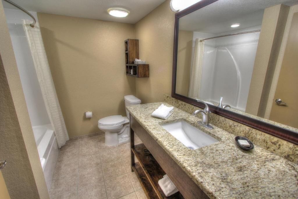 A bathroom with a granite countertop sink, a mirror, a toilet, and a shower curtain.