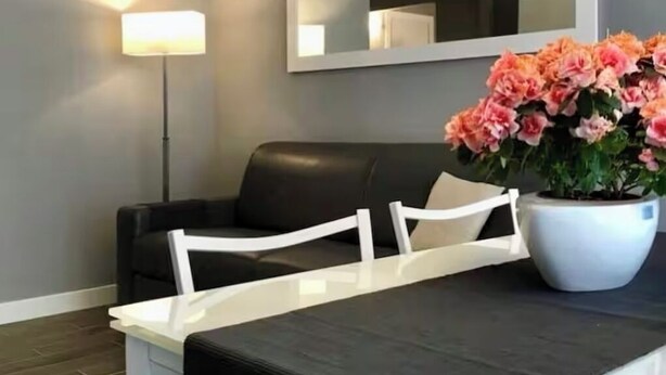 A modern living room with a grey wall, a black leather sofa, a white coffee table, a floor lamp, and a large mirror. - (Vatican area) apartment X 4 WI-FI balcony, air conditioning  (Roma)