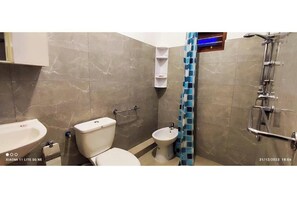Hair dryer, towels, soap, toilet paper