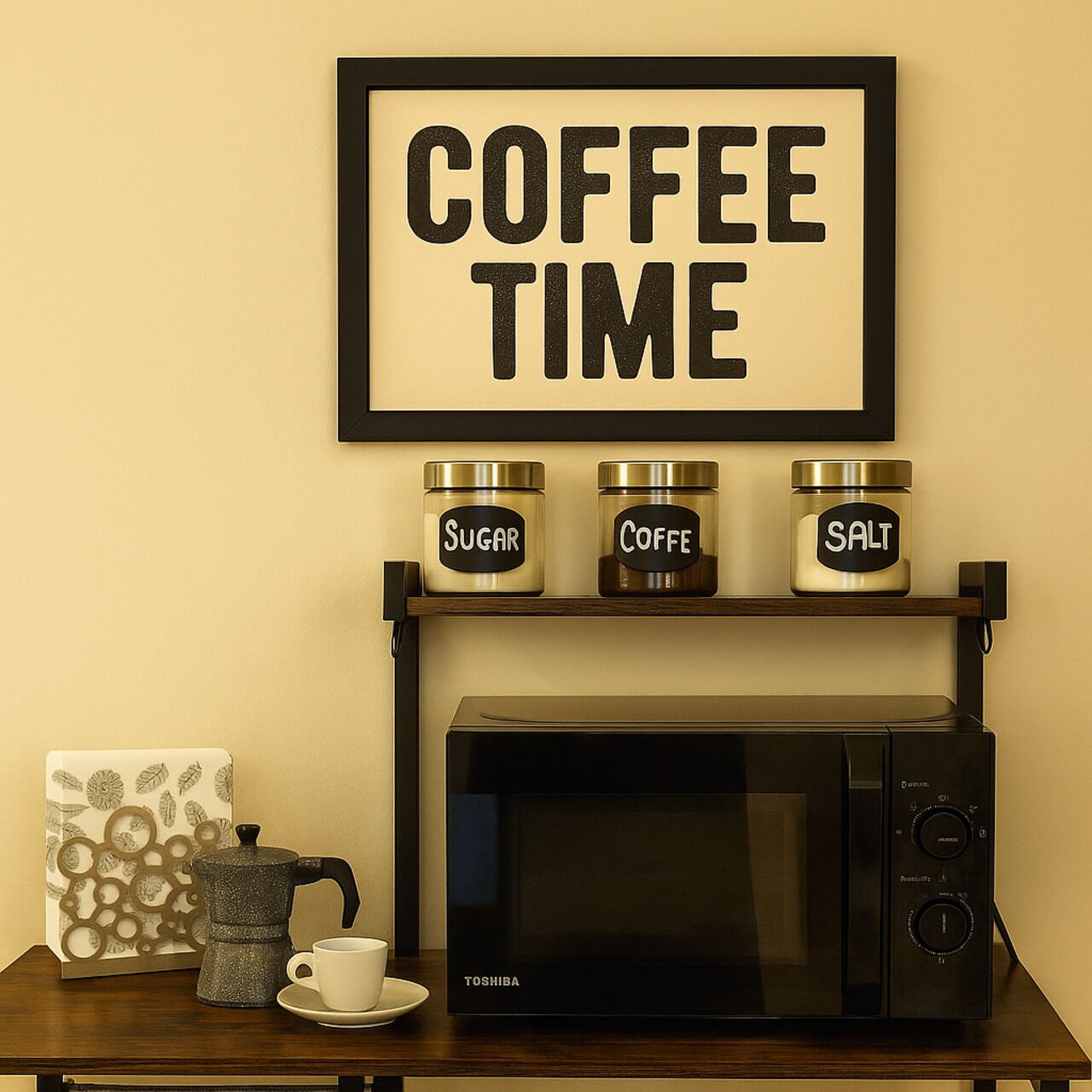 Ein gerahmtes Schild mit der Aufschrift 'COFFEE TIME' über einem Regal mit Gläsern, die mit 'SUGAR', 'COFFEE' und 'SALT' beschriftet sind. Darunter befindet sich eine Kaffeemaschine und eine Tasse auf einem Holztisch.