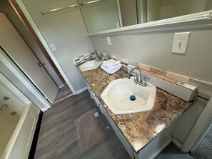 Hair dryer, towels, soap, toilet paper