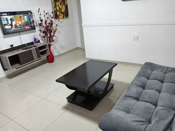 Una sala de estar con un sofá gris, una mesa de centro negra, un televisor sobre un mueble, un jarrón rojo con flores y un cuadro en la pared.