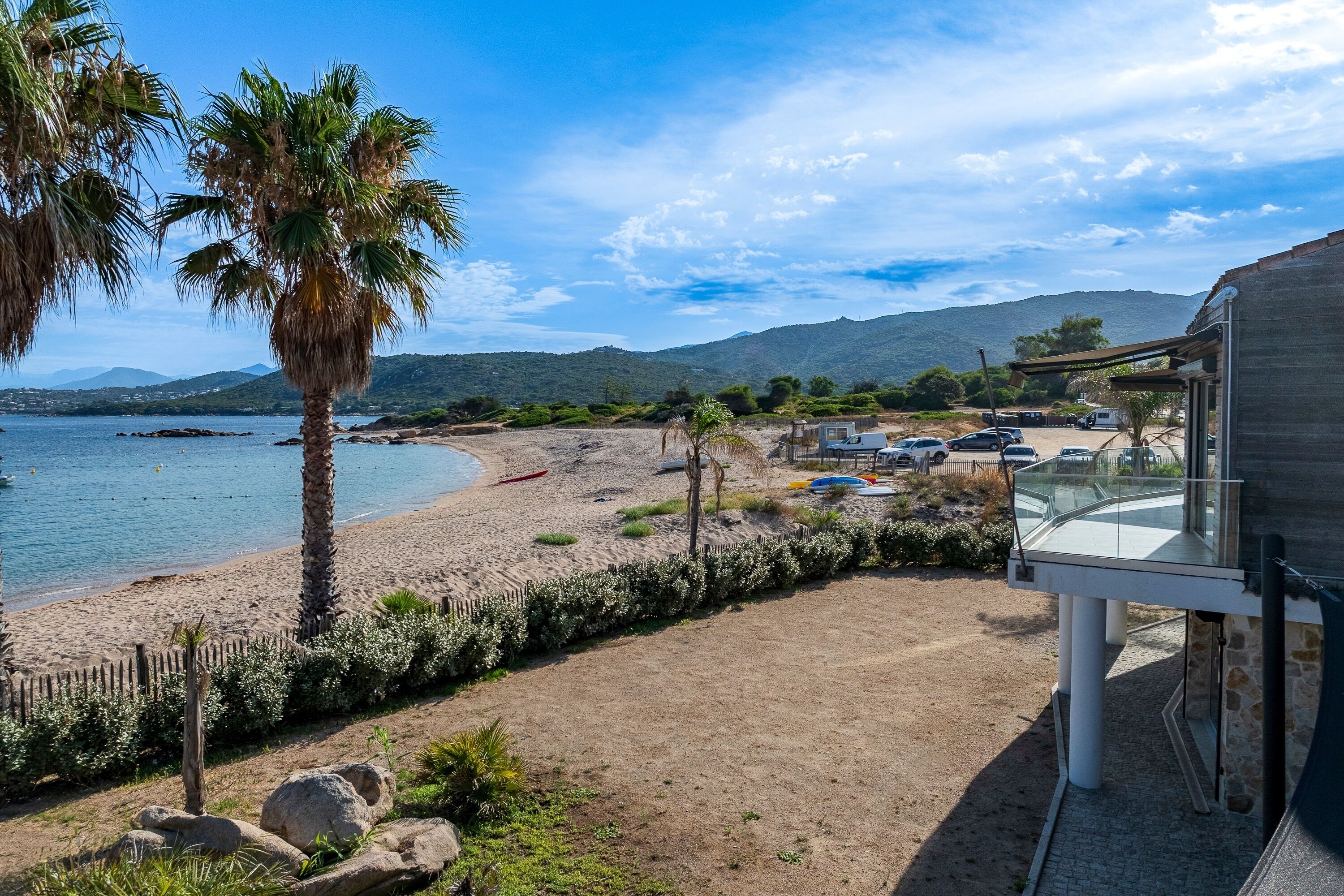 A beach view with a clear sky, palm trees, and a building with a glass balcony overlooking the beach.