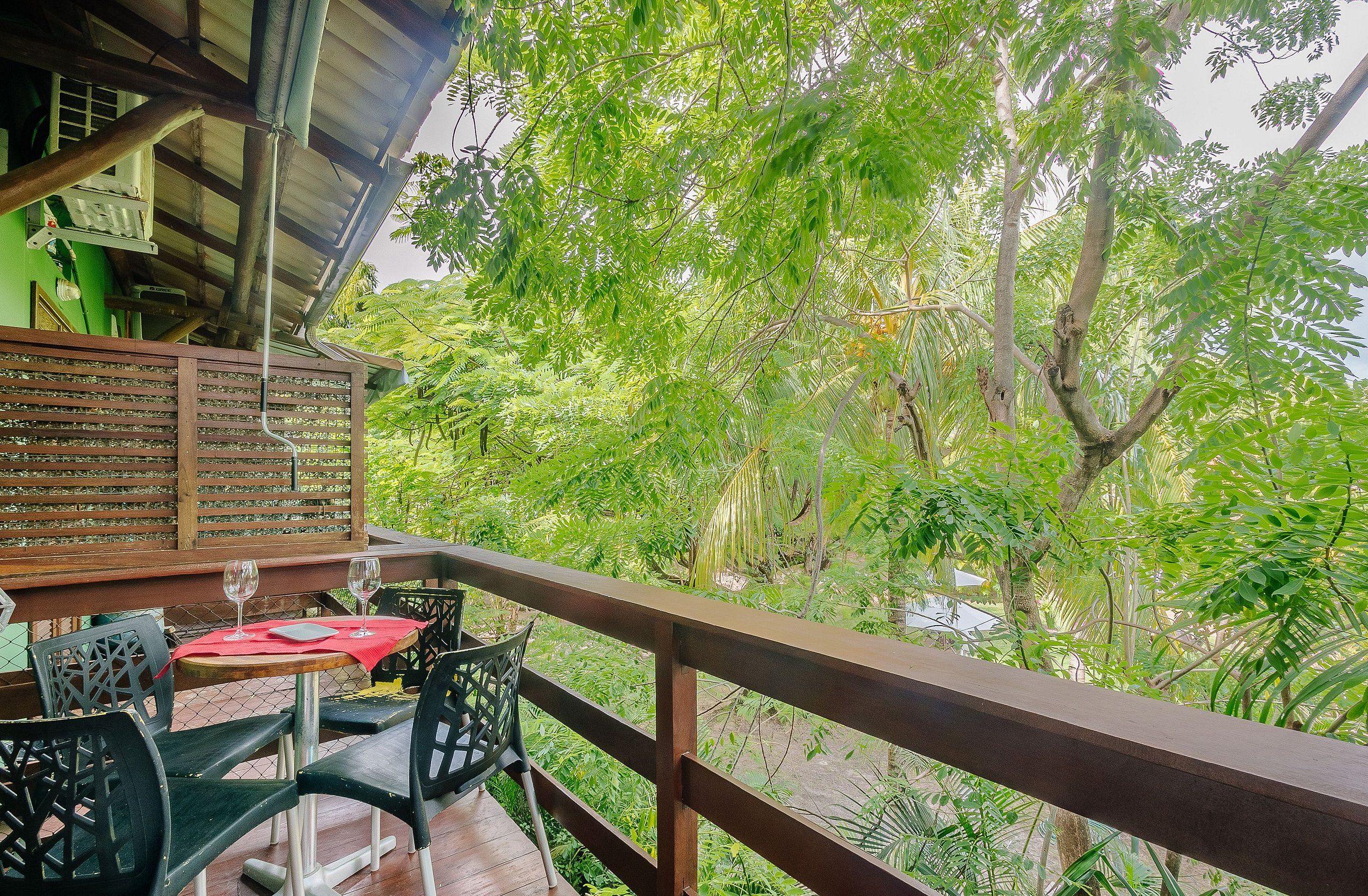 A wooden deck with a table and chairs, overlooking a lush garden with various trees and plants.
