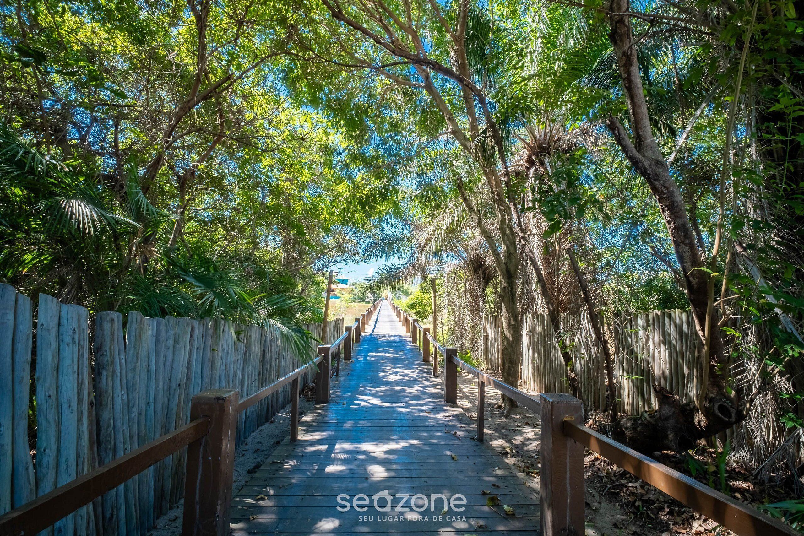 A wooden boardwalk surrounded by trees and a wooden fence.