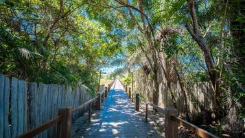 A wooden boardwalk surrounded by trees and a wooden fence.