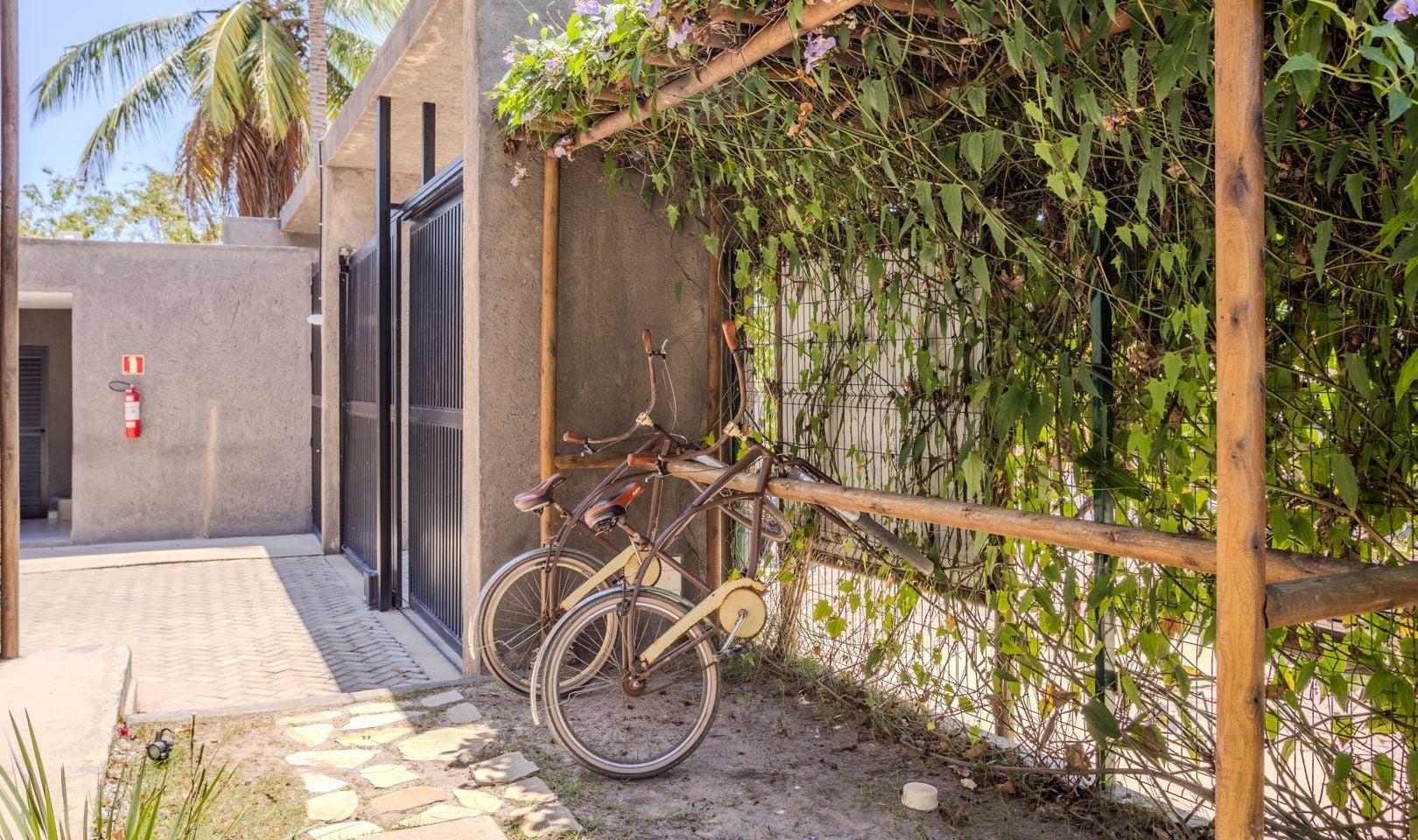 Un vélo est attaché à un treillage en bois adossé à un mur, le tout étant recouvert de plantes grimpantes.
