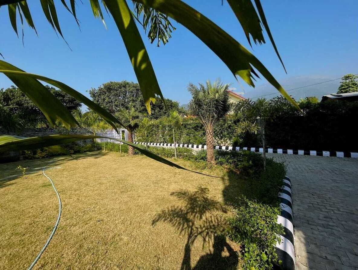 Une pelouse bien entretenue, agrémentée d’un chemin de jardin, d’un tuyau d’arrosage et d’un bordure noir et blanc à rayures.