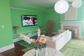 TV, fireplace, video games, books