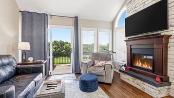 Smart TV, fireplace, books